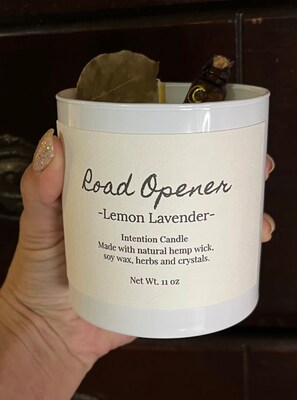 Road Opener Intention Candle, Lemon Lavender Scented, Handmade in small batches, Crystal Candle - image4